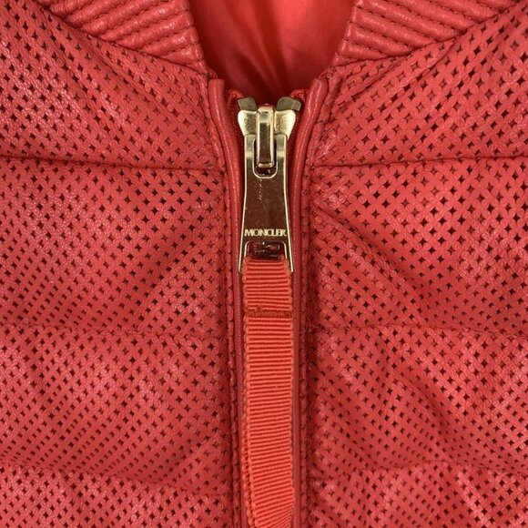 Rare MONCLER Coral Red Perforated Faux Leather Puffer Jacket Size Medium - Picture 7 of 13